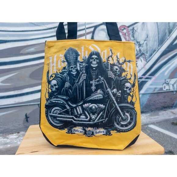 HARLEY DAVIDSON Hattcat Vintage Tote Bag - Yellow With Retro Graphic Print - Picture 1 of 5